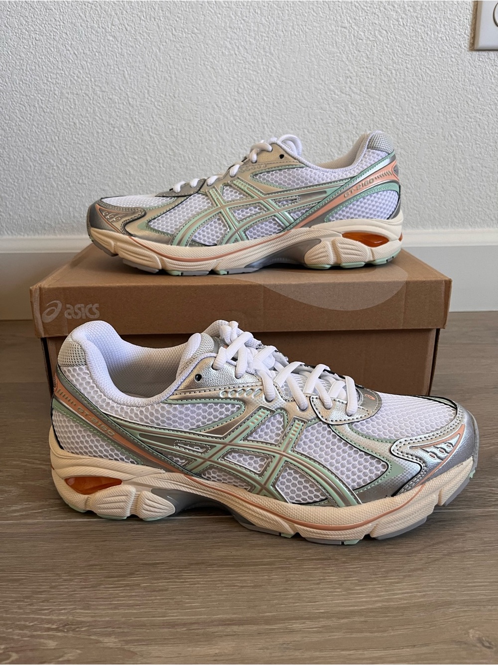 ASICS White Mesh Running Shoes with Mint and Peach Accents